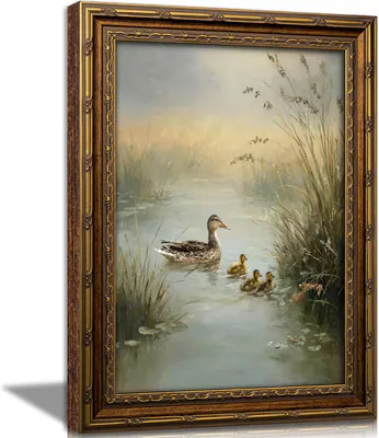 Vintage Gold gerahmte Ente Wandbild, Teichenten Ölgemälde Leinwanddruck, Miniatu