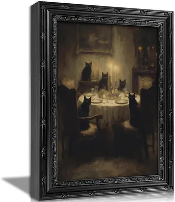 Gerahmtes Vintage Black Cat Abendessen Wandbild, Gothic Katzenfest