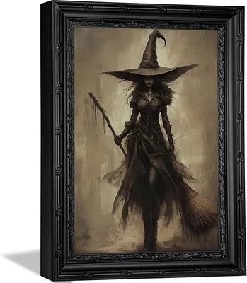 Gerahmtes Vintage Hexe Leinwand Wandbild, Halloween Bild Wanddeko