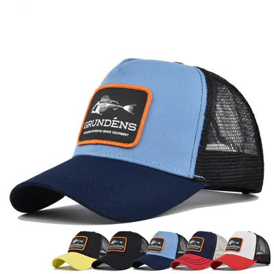 Baseballmütze Fischstickerei Herren Damen Trucker Netz Hip Hop Druckknopflasche