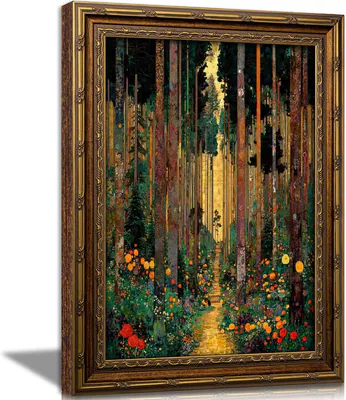 Vintage Wandbild Wald mit Goldrahmen, Baumweg Jugendstil, Abstrak