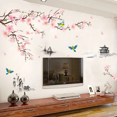Große rosa Blüte Wandaufkleber Wohndeko Blüte Vogel Baum Ast Wandbild Aufkleber