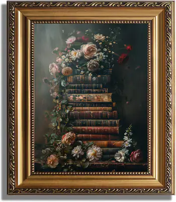 Gerahmtes Vintage Blumen Wandbild - Stimmungsvolle Blumen Bücher Kunst