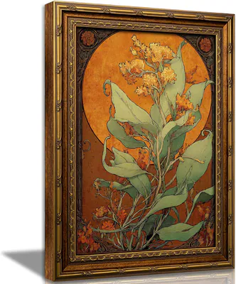 Vintage Wandbild Gold gerahmt, Jugendstil botanische Blumen Leinwand