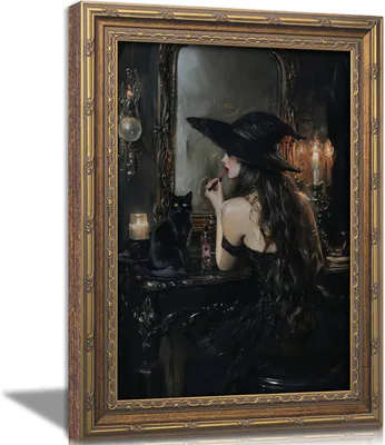 Vintage Gold gerahmtes gotisches Wandbild, Hexe und schwarze Katze Ölgemälde