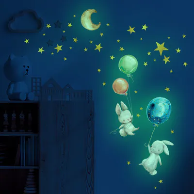 Glow in the Dark Fliegende Hasen Wandsticker Luftballons Stern Mond