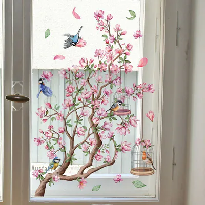 Doppelseitige rosa Blume Vögel Fenster Glas Aufkleber Wandtattoo Sticker