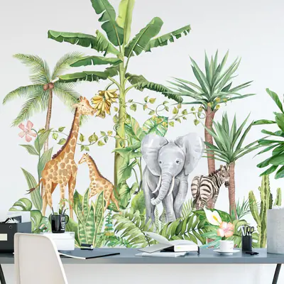 Großes Dschungel Tier Aufkleber Giraffe Elefant Wandsticker Kinderzimmer Zimmer