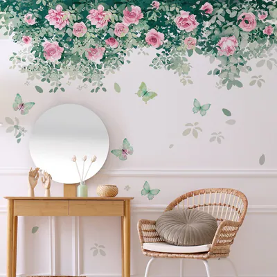 Romantische rosa Blumen Wandaufkleber Schmetterling Blätter Wohndeko