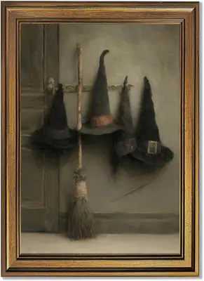 Gold gerahmtes Halloween Wandbild Vintage Hexenhüte und Hexenbesen Leinwandbild – neu – Antiquitäten – Foto 1 von 5