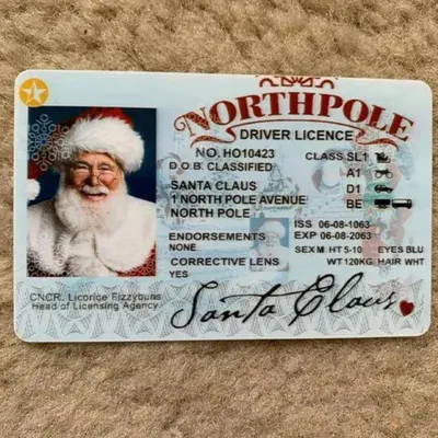 Weihnachtsmann Weihnachtsdeko Karte - Fliegender Führerschein Ausweis Schlitten