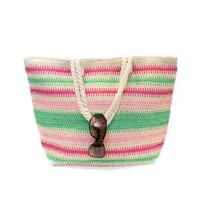 Große Strandtasche geflochten Bunt gestreift Badetasche Shopper Reißverschluss