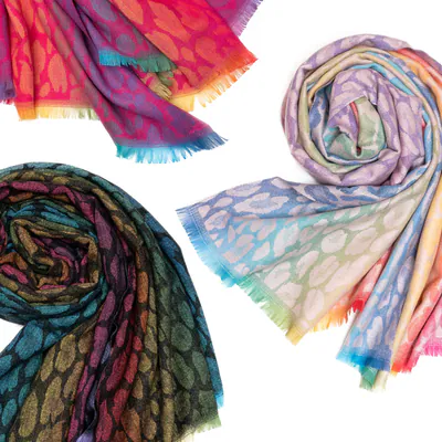 Damen Schal Leo Muster Regenbogen Farbverlauf Viskose Tuch Fransen Winterschal
