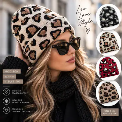 Damen Beanie Mütze Leo Herz Muster Strickmütze Wintermütze mit Umschlag One Size