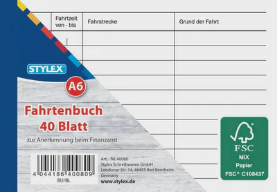 Fahrtenbuch DIN A6 quer, Fahrtenbücher 40 Blatt / 80 Seiten Fahrten-Buch