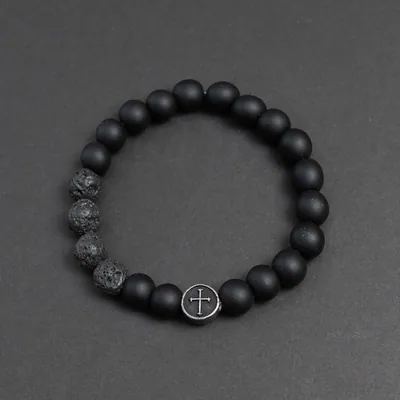 Herren Armband Perlen Lavastein Optik mit Edelstahl Kreuz Stretch Kugelarmband