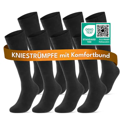 Kniestrümpfe Komfortbund ohne Naht Baumwolle Herren Damen Schwarz (4|8|12 Paar)