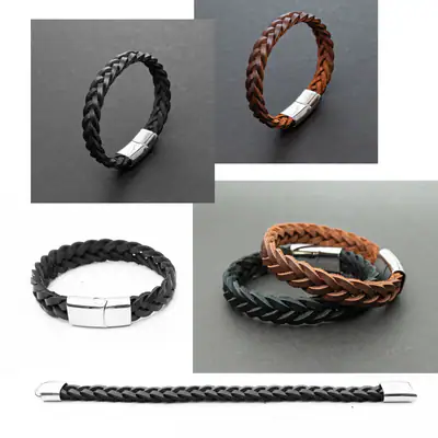 Herren Lederarmband Armband geflochten Edelstahl Schwarz Braun Magnetverschluss
