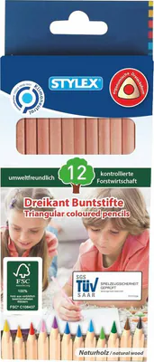 12 Buntstifte Malstifte aus Naturholz in ergonomischer Dreikantform