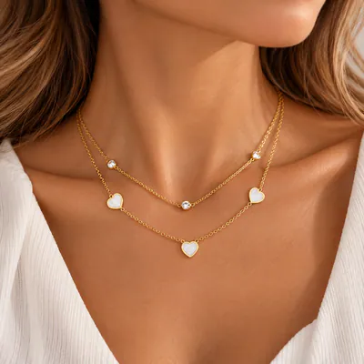 Edelstahl Zweireihige Halskette Herz-Anhänger Strass Layering Kette Goldfarben
