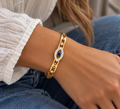 Edelstahl Armband Evil Eye blauem Auge Nazar Goldfarben Strass Damen Armreif