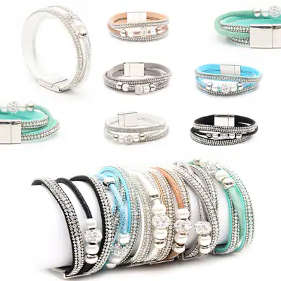Wickelarmband 3Stränge Strass Perlen Glitzer Kunstleder Armband Magnetverschluss
