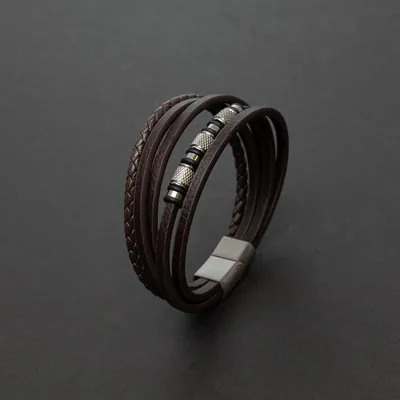 Herren Lederarmband Dunkelbraun Edelstahl Armband Magnetverschluss Mehrreihig