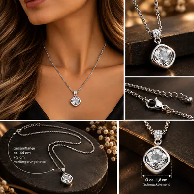 Edelstahl Halskette Damen mit Anhänger Strass Schmuckstein Silberfarben Elegant