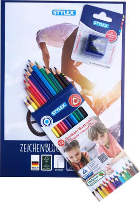 Malset Zeichenset Zeichenblock Spitzer 12 Buntstifte in Dreikantform Geburtstag