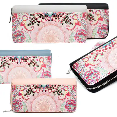 Damen Geldbörse Portemonnaie Groß Geldbeutel Blumen Paisley Pailletten Muster
