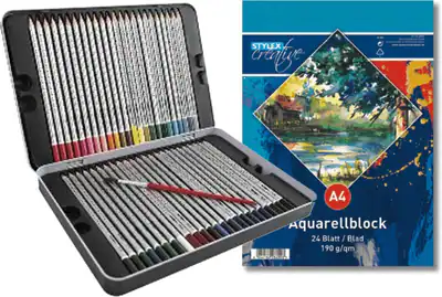 48 Aquarell Buntstifte + Aquarellblock im Metall-Etui Farbstifte DREIKANT-Form