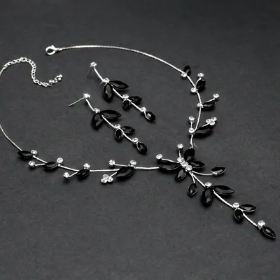 Schmuckset Schwarz Strass Hochzeit Collier Ohrringe Kette Schmetterling Blumen