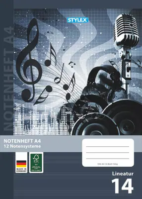 Notenheft DIN A4 hochkant 8 Blatt Lineatur 14 Musik 12 Notensysteme