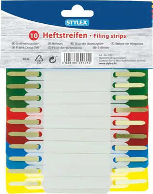 10 Heftstreifen farbig sortiert, aus PP, mit Metallzunge u Kunststoff-Deckleiste
