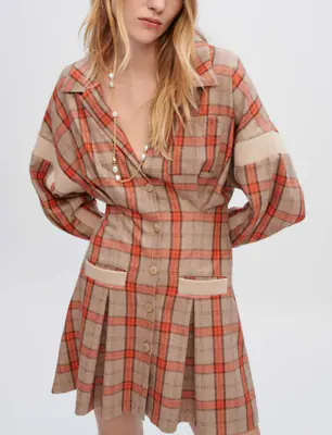 Maje Kleid Orange Gr. 36 Damen Seide Hemdblusenkleid Karo Shirt Dress MFPRO02654