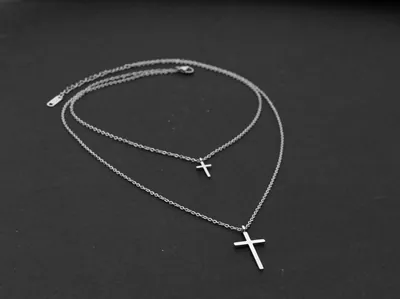 Kreuzkette Damen Herren Edelstahl Kreuz Doppelkette Faith Halskette Silberfarben