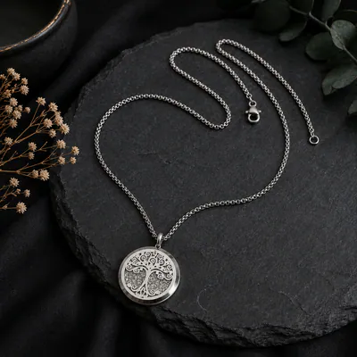 Damen Halskette Edelstahl Lebensbaum Anhänger Kette Tree of Life Silberfarben