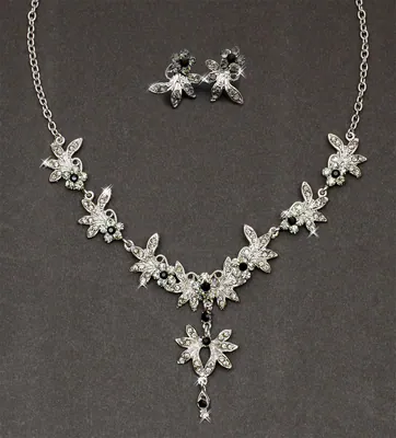 Schmuckset Hochzeit Collier Ohrringe Silberfarbe Schwarz Blumen Strass Halskette