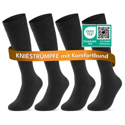 Kniestrümpfe Herren Damen Baumwolle Komfortbund ohne Naht Schwarz (4|8|12 Paar)