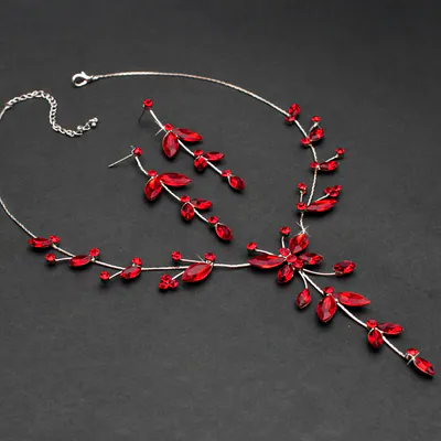 Schmuckset Rot Strass Collier Ohrringe Kette Schmetterling Blumen elegant Damen