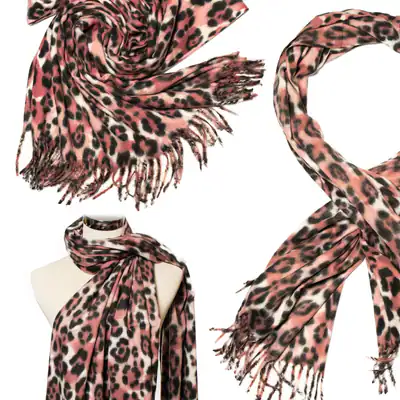 Damen XXL Schal Leo-Print rosa Halstuch Winterschal Animal Print Stola Fransen