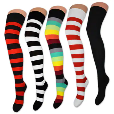 2 Paar Overknee Strümpfe Damen Kniestrümpfe Schwarz Bunt Ringel Baumwolle