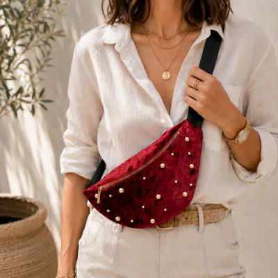 Gürteltasche Damen Bauchtasche Samt-Optik Perlen Crossbody Bag Rot Hüfttasche