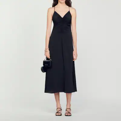 Sandro Kleid Schwarz Gr. 38 FR / M Damen Rückenausschnitt Midi SFPRO01853