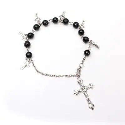Rosenkranz Armband Schwarz Silberfarben mit Kreuz Perlenarmband Männer Frauen