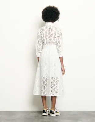 Sandro Kleid Weiß Bestickt Midikleid Sommerkleid Baumwolle Gr. 36 S SFPRO01007