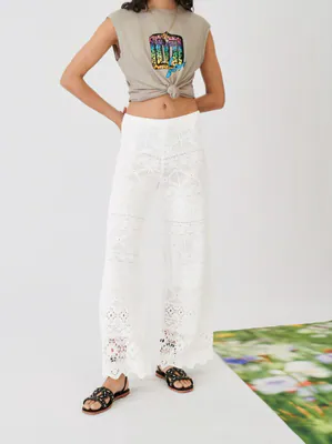 Maje Hose Ecru Häkelstrick Strick Wide Leg Gr. FR 40 L Damen MFPPA00293