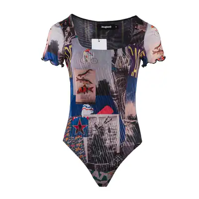 Desigual Body Schwarz Damen Bodysuit Kurzarm Abstract Fleece 22SWQKX1