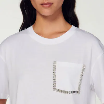 Sandro Shirt Weiß Strass Gr. 36 FR / S Damen T-Shirt Baumwolle SFPTS01344