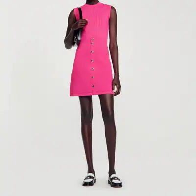 Sandro Kleid Rosa Gr. 42 FR / XL Damen Strickkleid Knöpfe Mini SFPRO02745